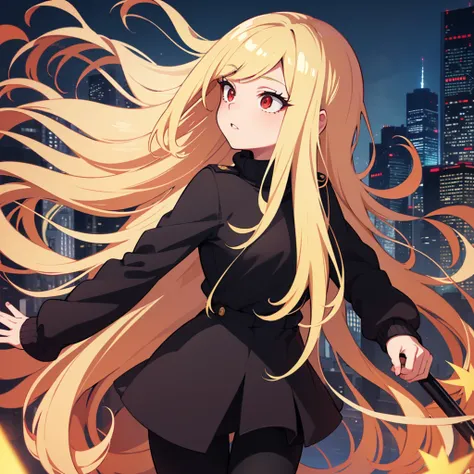 masterpiece, high quality, perfect face, high texture, 1 girl, 1 person, cheered up, My Hero Academia, long blonde hair, Red eyes, timide way, black sweater, Black pants, background of a city 