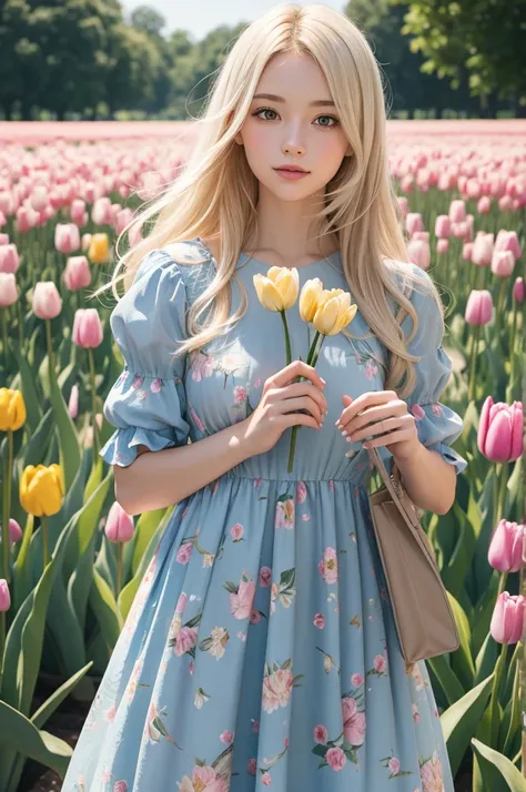 Girl with light hair, with a flowery dress, holding a tulip.