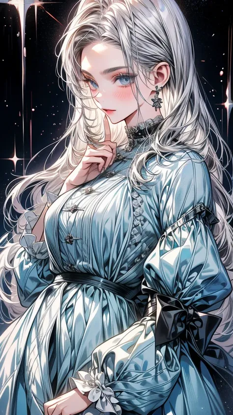 One Beautiful girl、unique long hairstyle 、 silver hair color , blue eyes、small face、anime makeup、"A girl with a cute and androgynous face"、white skin、cute eyes、Very thin eyebrows、plump body, mature woman, big breasts, sexy, tall,  knights outfit , outfits ...