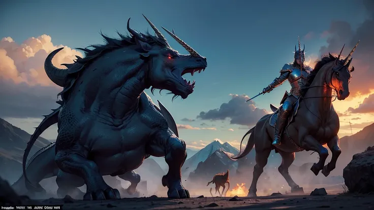 Mighty Turkic warrior fighting a dragon, the dragon has a huge horn like a rhinoceros,complex armour, detailed facial features, muscular figure, unicorn with a glowing horn, epic fantasy landscape, dramatic lighting, cinematic composition, vivid colours, h...