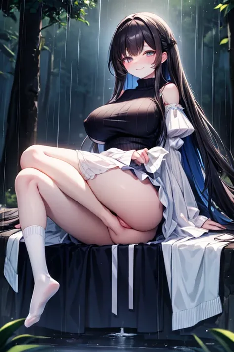 Maximum quality, ​masterpiece, high qualiy(Uma garota very beautiful, very beautiful) with dark hair, big boobies, looking at me with a silly but delicate and kind smile, wearing a long voluminous sweater with big sleeves next to a fluffy skirt wearing a ,...