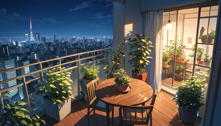 Tokyo at Night、View from the balcony of a top floor apartment、Skyscrapers can be seen、The sky is dark、The city is bright、The balcony is lined with potted plants.、There is a small wooden table、The artwork is anime-style with vivid, bright colors.、Delicate d...