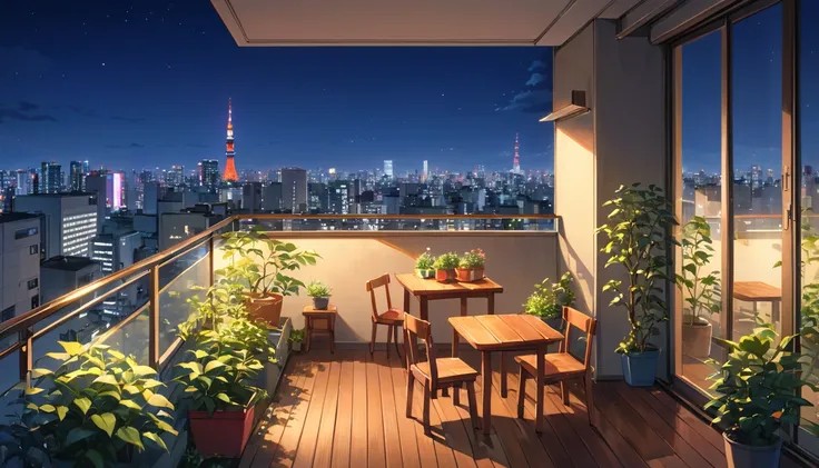 Tokyo at Night、View from the balcony of a top floor apartment、Skyscrapers can be seen、The sky is dark、The city is bright、The balcony is lined with potted plants.、There is a small wooden table、The artwork is anime-style with vivid, bright colors.、Delicate d...