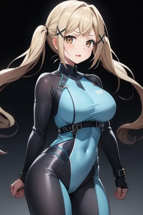 1girl, solo, arisa ichigaya, blonde long twintails, x hair ornament, large breasts, tight bodysuit, standing