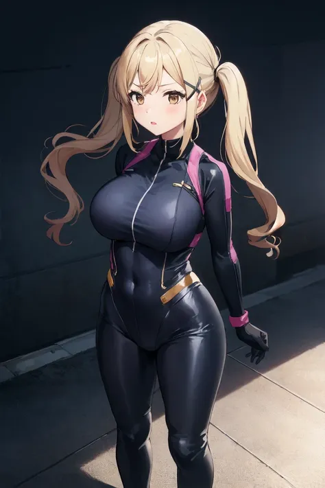 1girl, solo, arisa ichigaya, blonde long twintails, x hair ornament, large breasts, tight bodysuit, standing