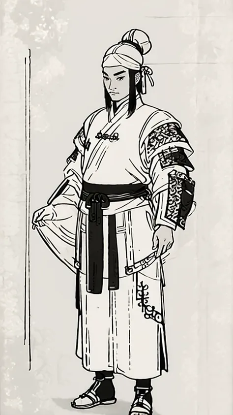 (((monochrome)))、(((ink painting)))、((a handsome man in ancient china with a bun hairstyle and a white swimming cap))、hands on h...