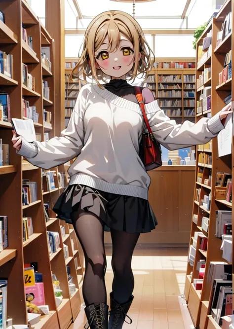  Hanamaru the kunikida, Brown Hair, happy smile,smile, Open your mouth,Yellow Eyes,hair band,Glasses,One-shoulder sweater,Long skirt,Black pantyhose,short boots,Walking,Bookshelf,There is a lot piled up on the table,whole bodyがイラストに入るように,
break indoors, fi...