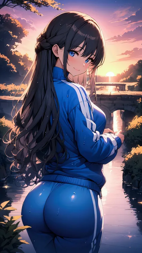 masterpiece, Highest quality, Ultra-high resolution, (beautiful girl: 1.3),  (((Long hair)))、Black Hair、smile、Looks like a 15 year old、 (Blue sweatpants:1.3), (The jacket is a blue track jacket.: 1.2), back view、The sunset is dazzling as we enter the water...