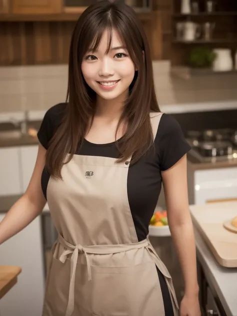 High resolution, One girl, Brown Hair, Medium Hair, Large Breasts, smile, Asian、apron