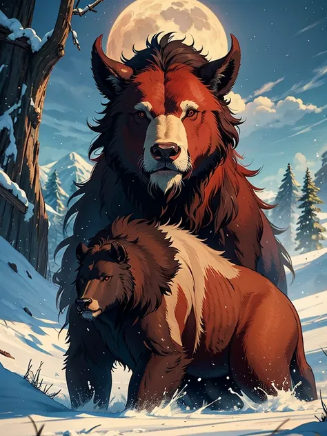 Red Water Buffalo and Grizzly Bear Hybrid Fantasy Creature with Dead Forest Background 