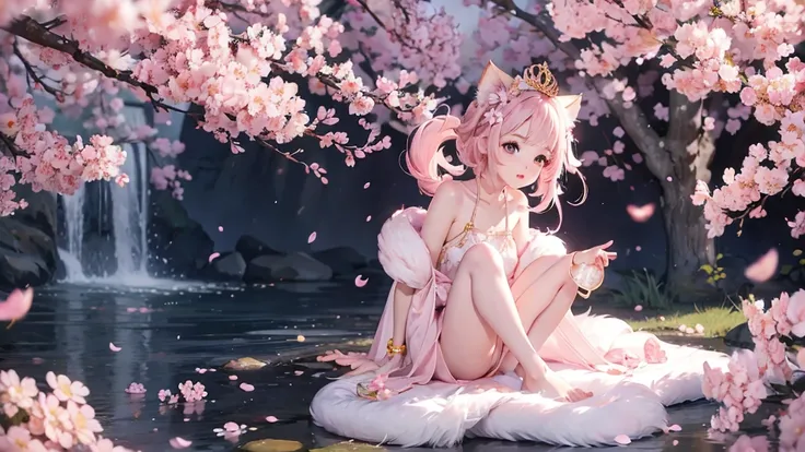 a small kitten with light pink fur and a furry tail wearing a tiara of golden flowers amidst cherry blossoms