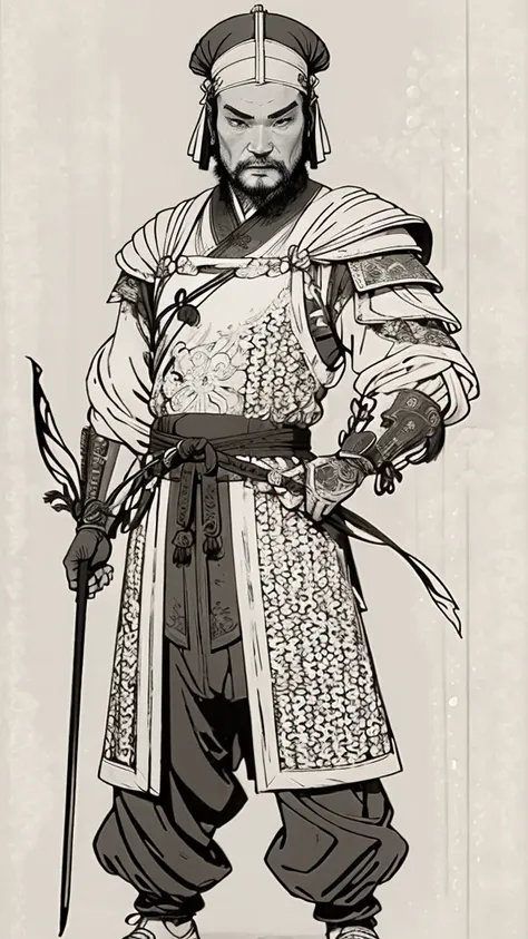 (((Monochrome)))、(((Ink Painting)))、((A handsome man in ancient China with a bun hairstyle and a white swimming cap))、Hands on hips、Line art、Oriental、Ultra-high resolution、Game Poster、Crisp and beautiful image quality、whole body ,(Ancient Chinese armor, Dr...