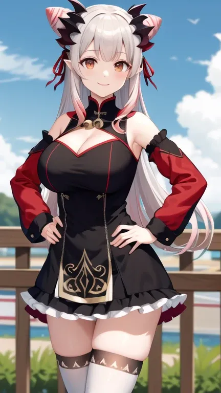 masterpiece, best quality, highres, aapatra, long hair, multicolored hair, horns, cone hair bun, hair ribbon, pointy ears, large breasts, bell, bare shoulders, cleavage cutout, frills, black dress, detached sleeves, red sleeves, long sleeves, white thighhi...