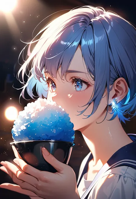 masterpiece, Highest quality, (((Eating shaved ice makes me feel refreshed)))、(((Close your eyes tightly and cry out in pain)))、Raising awareness, Sax Blue, プラチナEarrings, Platinum Necklace, White Dress, One Girl, cute, (Dynamic Lighting:1.2), Cinema Lighti...