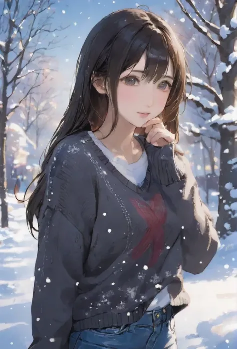 1girl, Tifa, in love with viewer, snowing, sweater, jeans, 