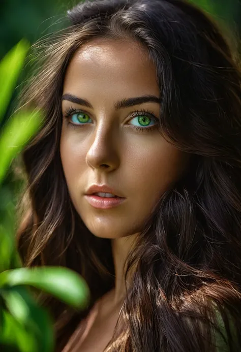 photo full body a wom 23 yeras, with long dark hair, green eyes, eyes perfectly focused, hyper-realistic photo, intricate detail...