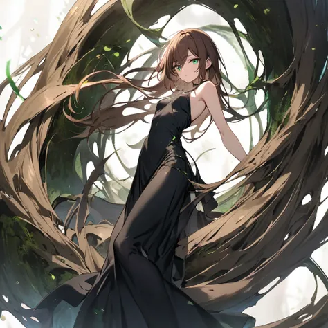 man, thin and fragile body, long brown hair, emerald eyes, long black dress 
