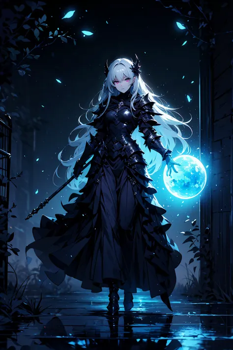 (((masterpiece, best quality, 16k)))((full body shot)) of a girl in detailed black gothic battle armor, standing in a completely dark environment. She has long white hair and glowing red eyes, with black angel wings, tattoos, and piercings. Her battle armo...