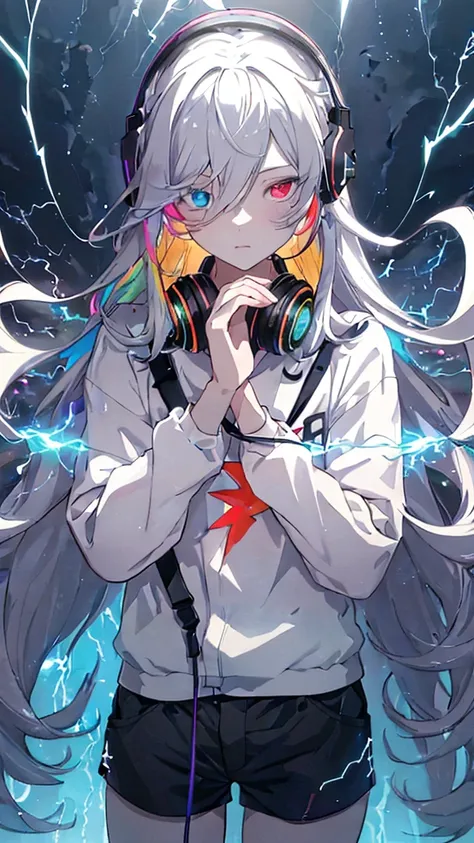 masterpiece, best quality, 1 boy, Long colored hair, Heterochromia, Black headphones, Clothes, shorts, Discharge Aura, rainbow, confusion, lightning, spark, Dynamic illustration, Delicate face, Beautiful illustrations, Good Hand, Good Hand指, Delicate hands...