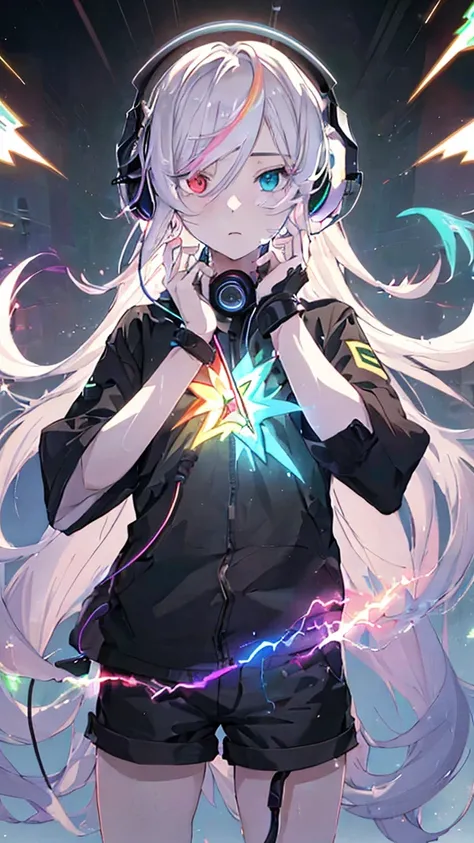 masterpiece, best quality, 1 boy, Long colored hair, Heterochromia, Black headphones, Clothes, shorts, Discharge Aura, rainbow, confusion, lightning, spark, Dynamic illustration, Delicate face, Beautiful illustrations, Good Hand, Good Hand指, Delicate hands...