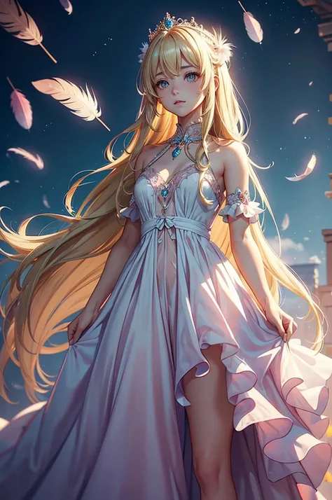 A charming girl appears from the dreamy morning mist.，Complexbeautiful色彩，Creates a fantastic atmosphere in your work，(((Smooth, straight, extra long hair， beautiful，Flowing blonde hair:1.2)))，(((Amber eyes stare into the distance)))，Amazing fantasy costume...