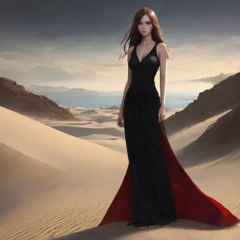 Skinny body, sand figure, long light brown hair, Red eyes, long black dress, without breasts
