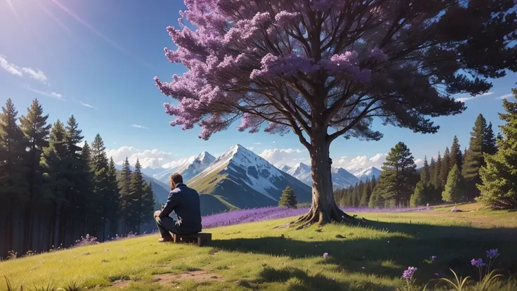 Draw for me a 50 year old man on top of a purple tree praying with his knees on the ground, the scenery and nature 