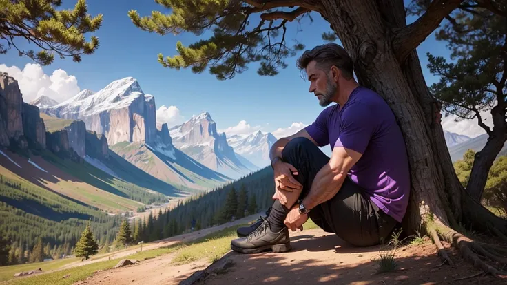 Draw for me a 50 year old man on top of a purple tree praying with his knees on the ground, the scenery and nature 