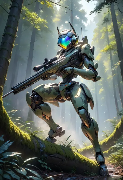 Ultra-high resolution Real photographic,A stylish ground combat robot sniping in the thickets of a forest.The robot is stylish, about human height, and completely self-supporting.Wearing forest camouflage that blends in with the forest,The head is round an...