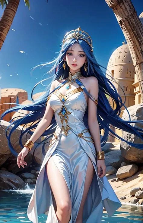 best qualityer，tmasterpiece，Ultimate resolution，downy，Extremely colorful，Colorful，Oasis background，Ancient Egyptian woman，Long azure hair，a matural female，Long white dress in Egyptian style，a white long skirt，Treading water，Desert oasis，Nile River，Normal p...