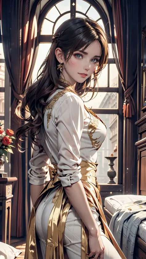 Roman patrician woman in a rich toga of white and gold。She wears a gorgeous hairstyle、In the background you can see the lavish decoration of an ancient Roman palace.。Fine silk curtains swayed around her、Lined with gold-decorated furniture、Lace-up sandals