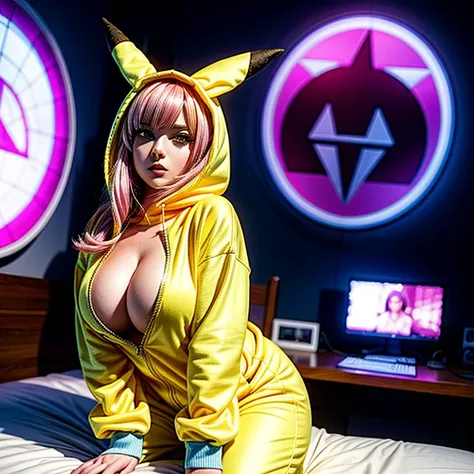 PUNIPUNI KAWAII, a beautiful Pink hair gamer girl, beautiful detailed Blue eyes with (Sparkling Highlights:1.28), beautiful detailed lips,extremely detailed eyes and face,longeyelashes,in a ((Pikachu(Yellow hoodie suit))) (Moe Sleeves:1.2), (Professional p...