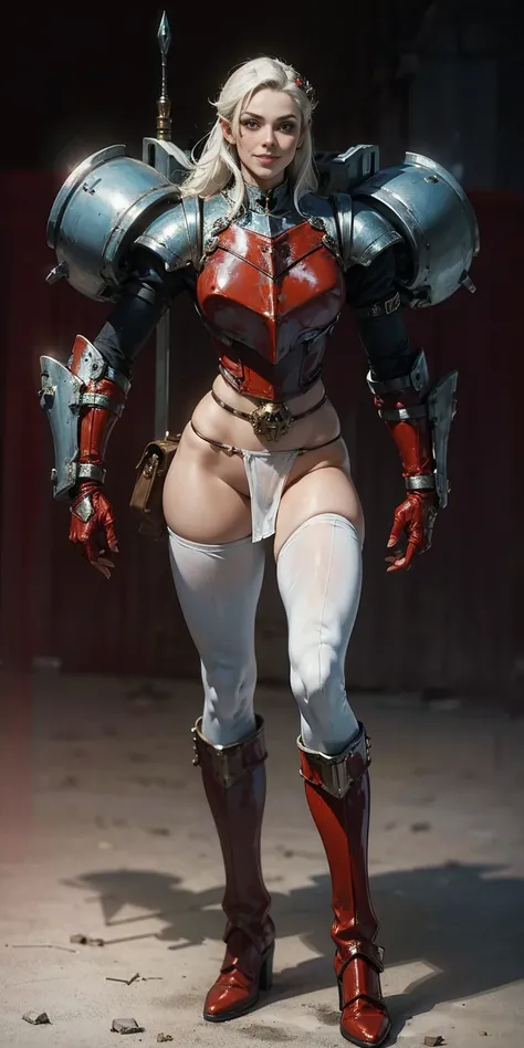 (masterpiece, best quality, 4k, 1girlsolo, 1MILF, mmplatz, smile, red cheeks, plain background:1.2) perfect face, perfect lighting, mature whsororitas with gloves red gauntlets in her hands like Cammy White from Street Fighter, bob white hair, warhammer 40...