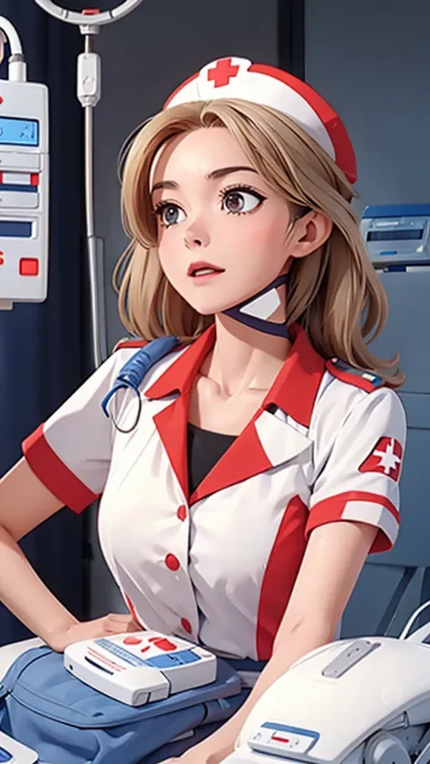 A nurse using an AED, medical emergency, hospital, life-saving equipment, serious expression, focused, first aid, heroic, detailed uniform, medical tools, bright lighting, realistic, photorealistic, ultra-detailed, 8k, best quality, masterpiece