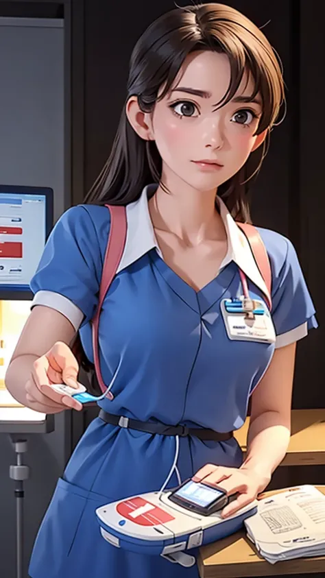 A nurse using an AED, medical emergency, hospital, life-saving equipment, serious expression, focused, first aid, heroic, detailed uniform, medical tools, bright lighting, realistic, photorealistic, ultra-detailed, 8k, best quality, masterpiece