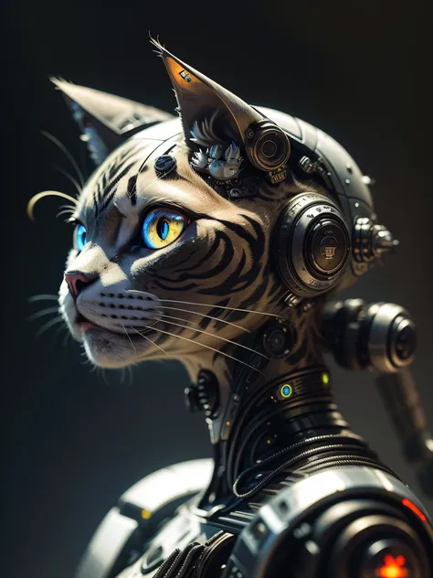 best quality, masterpiece, portrait of a hybrid woman cat, there is a cat with a futuristic head and a cat's face, cyborg cat, c...