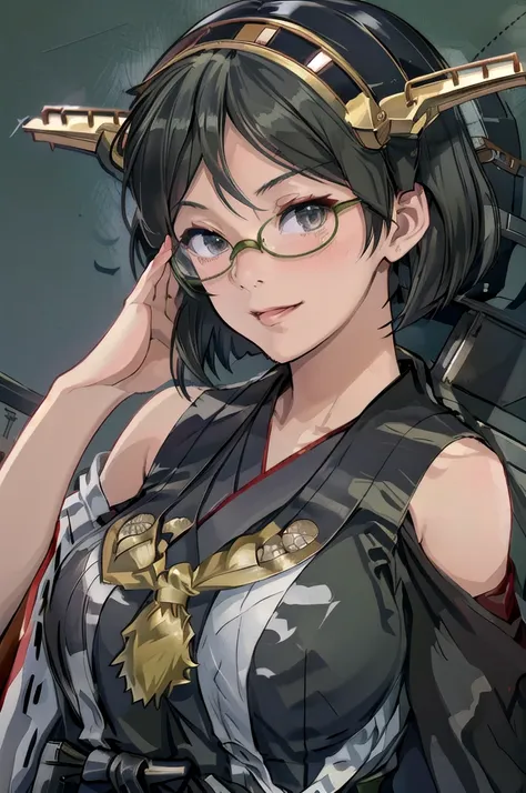 Highest quality, masterpiece, High resolution, alone, (Kirishima Kai Ni_Kantai Collection:1.15), short_hair, Glasses, black_hair, hairband, ((Non-traditional_Shrine maiden, blackいプリーツスカート,)) Green frame_Glasses, headgear, One Girl, Full body