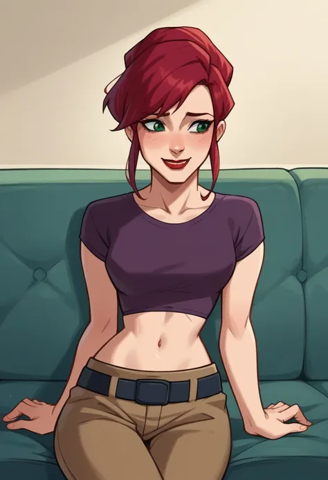 score_9,score_8_up,score_7_up, source_anime,break april2003,1girl,short hair,shirt,navel,green eyes,red hair,midriff,belt,pants,...