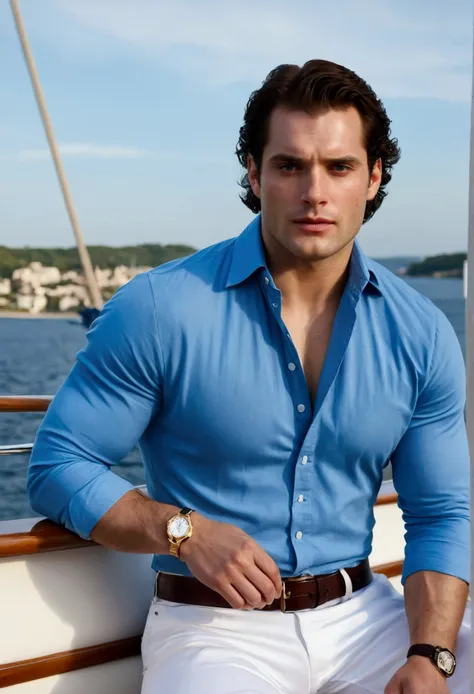 Highest quality, masterpiece, Ultra-high resolution, (Realistic: 1.4), Original photo, face should look like Henry Cavill but not exactly same, young Henry Cavill, white hair style, light blue eyes wallpaper, dressing like a royal, clothes.   Blue clothes ...