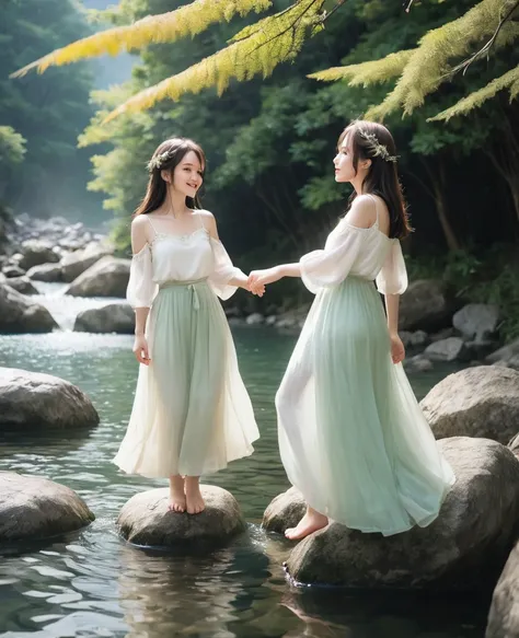 Frolicking by the water in the mountains、Two fairies