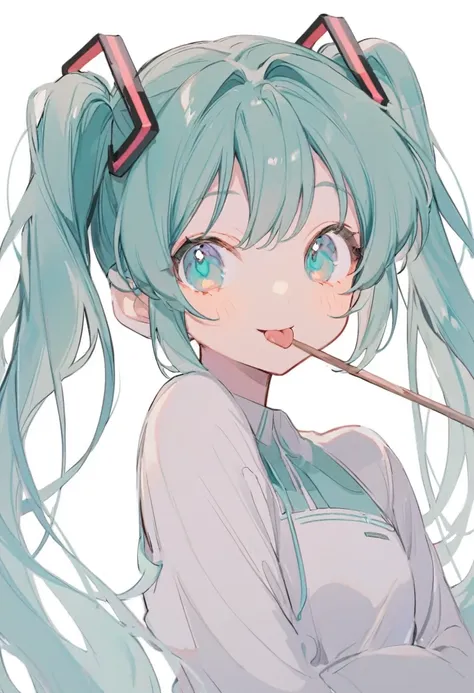 soft lines,  hatsune miku, cute, blue-green hair, twin tails, blue-green eyes, smile, stick out tongue, white background