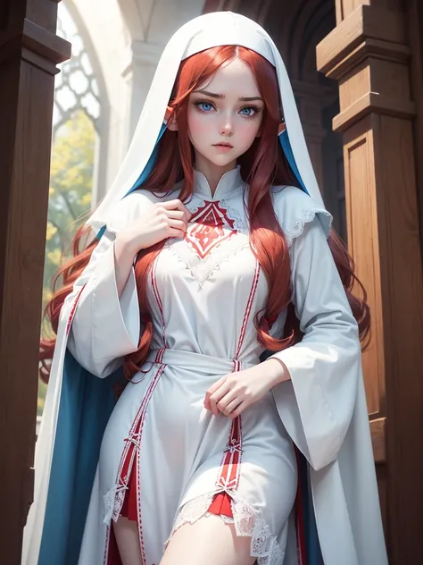 Young beautiful woman. Elf. Nun. Red long wavy hair. Pale skin. Light blue eyes. She frowns a little. Plump lips. White cassock with red patterns. Triangular collar with lace.