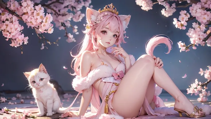 a small kitten with light pink fur and a furry tail wearing a tiara of golden flowers amidst cherry blossoms