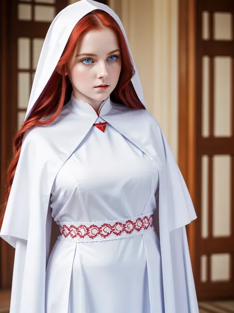 One young beautiful woman. Elf. Nun. Red long wavy hair. Pale skin. Light blue eyes. She frowns a little. Plump lips. White cassock with red patterns. Triangular collar with lace.