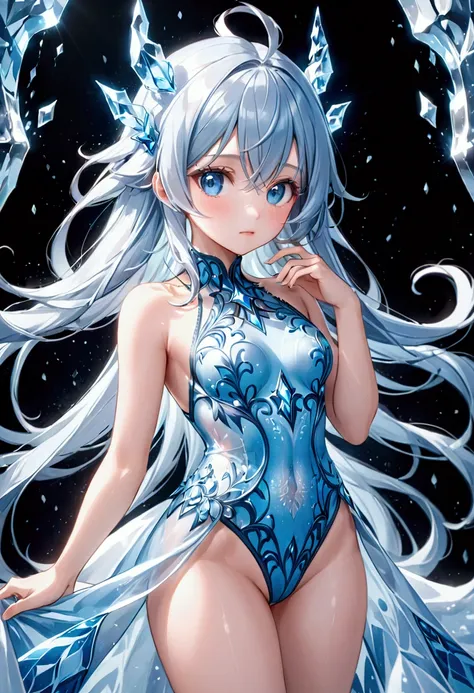 Eyes:icy blue.Hair:long icy blue. Body Type:slim and . 8k, best quality, high resolution. 