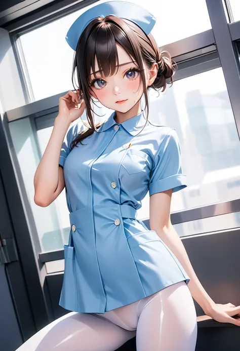 (((nurse uniform), (white pantyhose), (Shiny Costumes))), skindentation, skinny, solo, 1 woman, Masterpiece, highest quality, highest quality, 16K, incredibly absurd, highly detailed, 2.5D, ai-generated, delicate and dynamic, very delicate facial expressio...