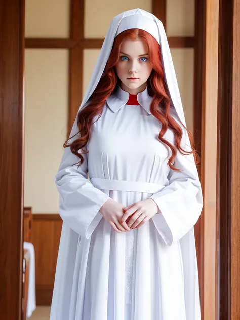 Young beautiful woman. Fragile elf. Nun. Red long wavy hair. Pale skin. Light blue eyes. She frowns a little. Plump lips. White cassock with red patterns. Triangular collar with lace.