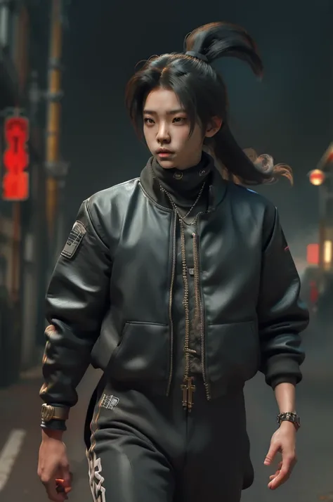 a 10-year-old ninja boy, hip-hop clothes, long hair, running on a ruined street, a dog run behin, hyper realistic, cinematic lighting, epic scale, detailed facial features, intricate clothing textures, moody atmosphere, vibrant colors, volumetric fog, dyna...