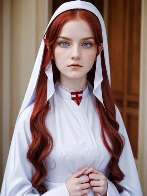 Young fragile woman-elf. Nun. Red long wavy hair. Pale skin. Light blue eyes. She frowns a little. Plump lips. White cassock with red patterns. Triangular collar with lace.