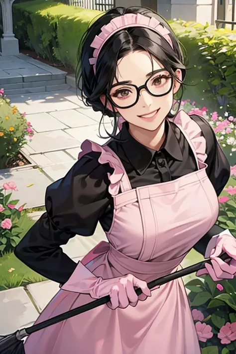 A mature maid with black hair and glasses wearing large pink rubber gloves and holding a broom, smiling gently, cleaning the garden of a mansion